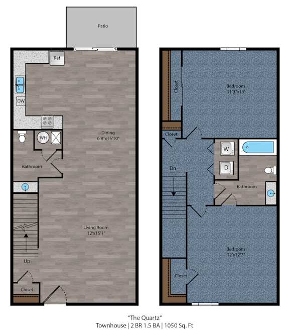 The Quartz - 2 Bed 1.5 Bath Floor Plan at Bayside Apartment Homes, Hilliard, 43026