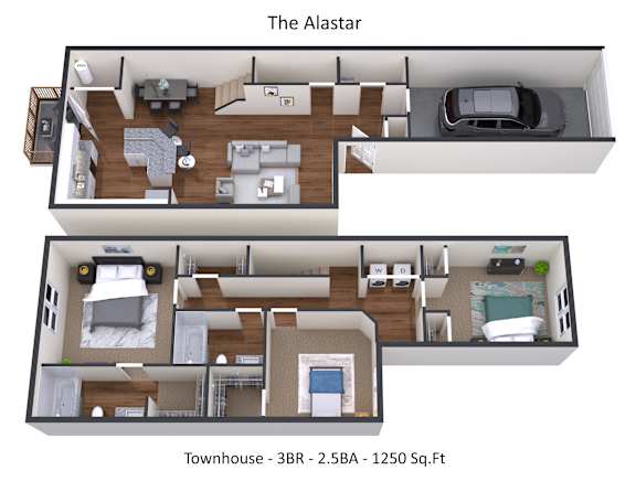 A floor plan of a 3 bedroom, 2.5 bath townhouse with a total area of 1250 square feet.