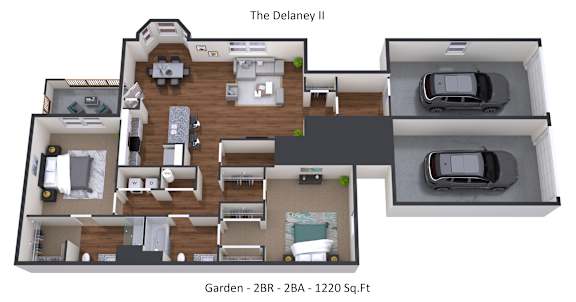 A floor plan of a two bedroom, two bathroom apartment with a garden.