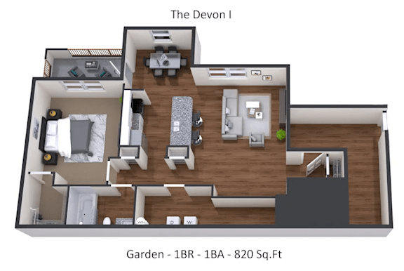 A Devon I floor plan shows a bedroom, living room, kitchen, and bathroom.