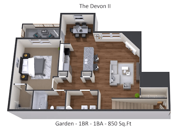 A Devon II floor plan shows a 1 bedroom, 1 bathroom apartment with a garden.