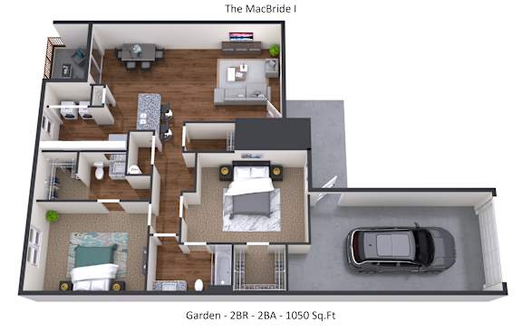 A 3D floor plan of a two bedroom apartment.
