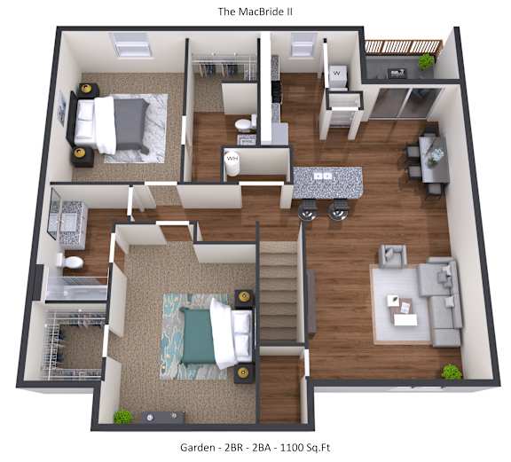 A 3D floor plan of a two bedroom, two bathroom apartment with a garden.