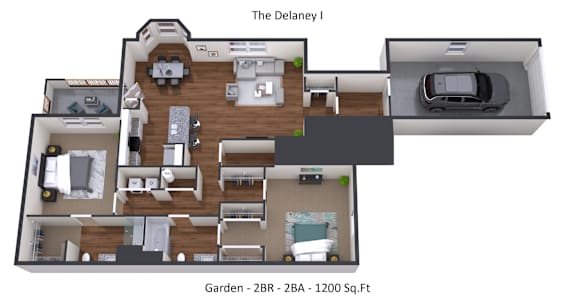 A floor plan of a house named The Delaney I with a garden area of 2BR - 2BA - 1200 Sq.Ft.