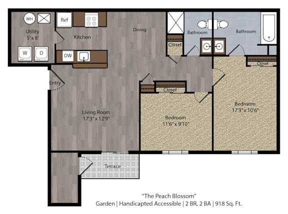 Floor Plan  A floor plan of a handicapped accessible home with a living room, two bedrooms, a kitchen, a dining room, two bathrooms, and a terrace.