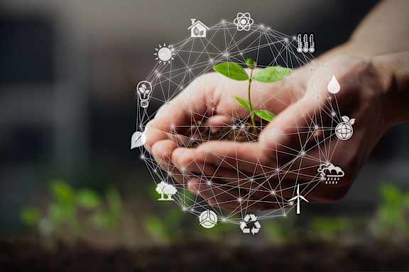 A person's hands holding a plant with various eco-friendly icons floating around it.