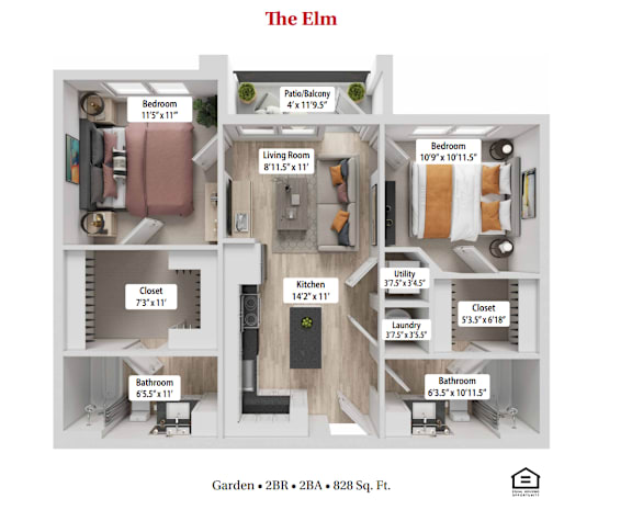 Floor Plan  The ElmThe Hazel Two Bedroom Two Bathroom Floor plan at Greenwood Commons Apartments, Ohio