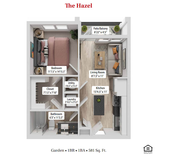 Floor Plan  The Hazel One Bedroom One Bathroom Floor plan at Greenwood Commons Apartments, Delaware