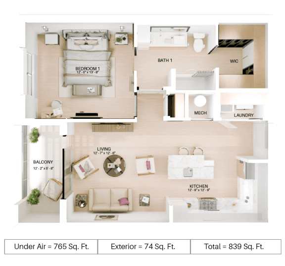 1 bed 1 bath floor plan C at Imperial Crossing Luxury Apartment Homes, Bonita Springs, FL