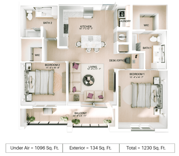 2 bed 2 bath floor plan F at Imperial Crossing Luxury Apartment Homes, Bonita Springs, Florida