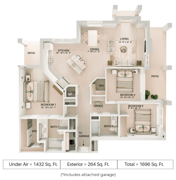 3 bed 2 bath floor plan A at Imperial Crossing Luxury Apartment Homes, Florida