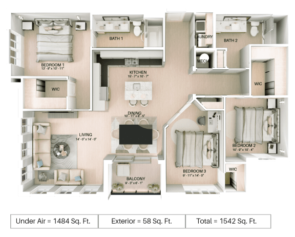 3 bed 2 bath floor plan C at Imperial Crossing Luxury Apartment Homes, Bonita Springs, FL, 34134