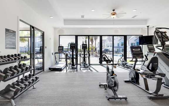 A gym with a variety of equipment including treadmills, stationary bikes, and weight machines.