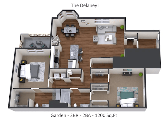 A floor plan of a two bedroom, two bathroom apartment with a garden.