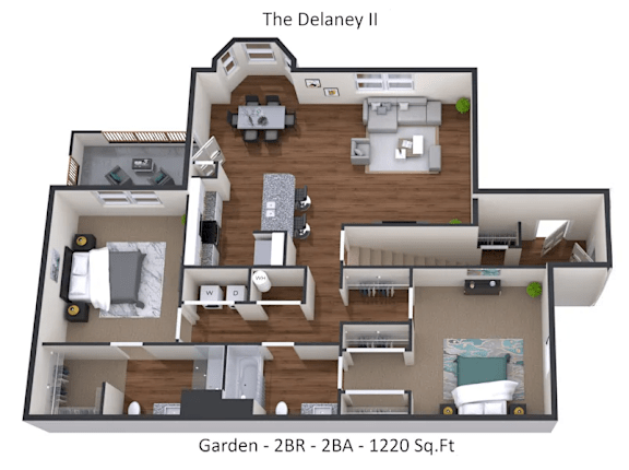 A 3D floor plan of a two bedroom, two bathroom apartment with a garden.
