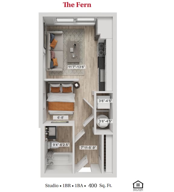 The Fern One Bedroom One Bathroom Floor plan at Greenwood Commons Apartments, Delaware, Ohio