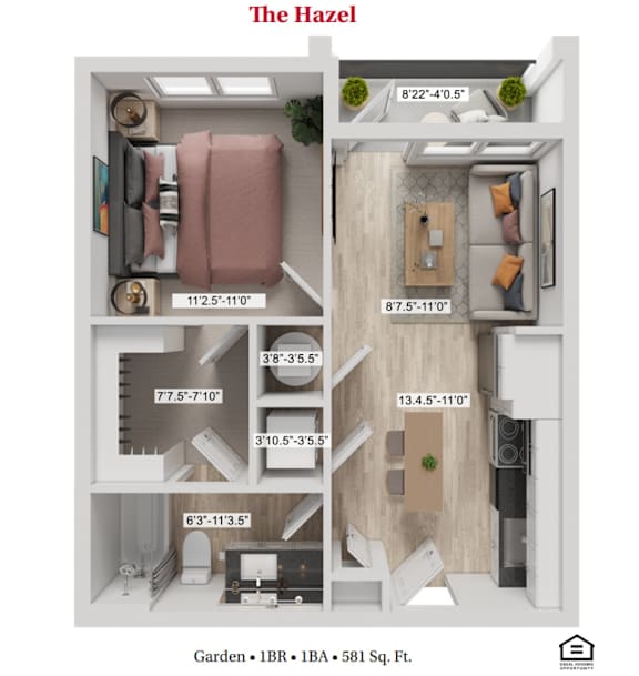 The Hazel One Bed One Bath Floor plan at Greenwood Commons Apartments, Delaware, OH 43015