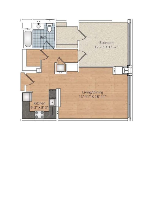 1 Bedroom, 1 Bath Floor Plan at 66 Main, Yonkers, 10701
