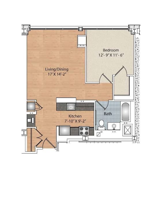 1 Bedroom, 1 Bath Floor Plan at 66 Main, Yonkers, NY 10701