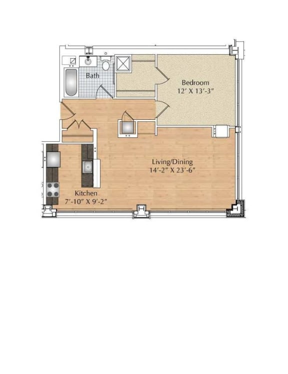 1 Bedroom, 1 Bath Floor Plan at 66 Main, Yonkers, NY
