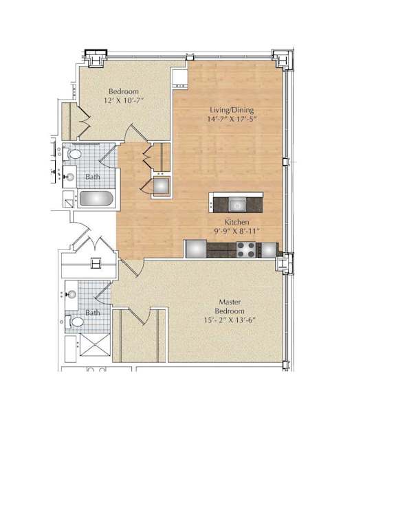 2 Bedroom, 2 Bath Floor Plan at 66 Main, Yonkers