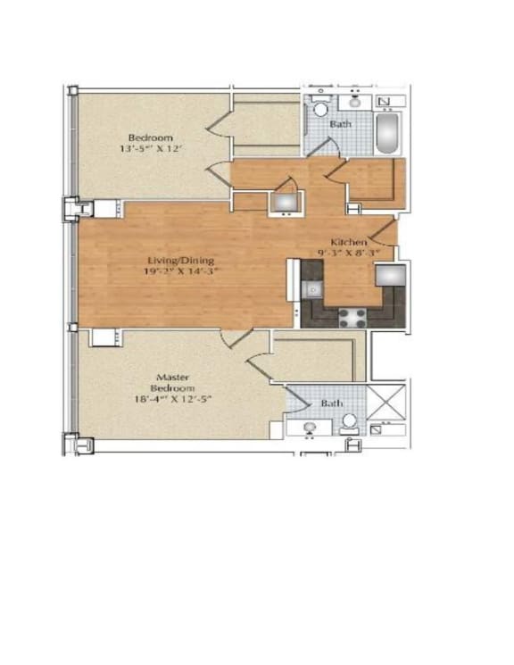 2 Bedroom, 2 Bath Floor Plan at 66 Main, Yonkers New York