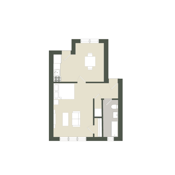 A floor plan of a house with a kitchen, living room, and two bedrooms.