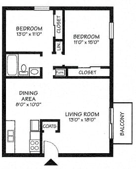 2 bed 1 bath 936 Sq.Ft. Medium at Kimberly Club Apartments, Davenport, Iowa