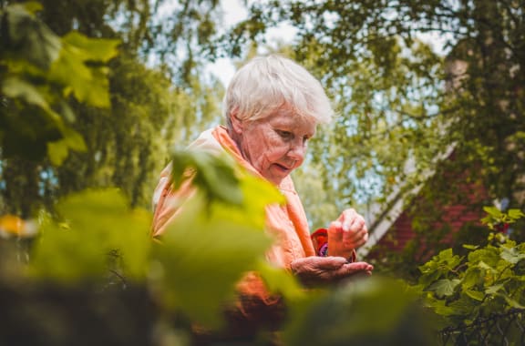 Senior Women In Green Space at Rancho Franciscan Senior Apartments, Santa Barbara, CA