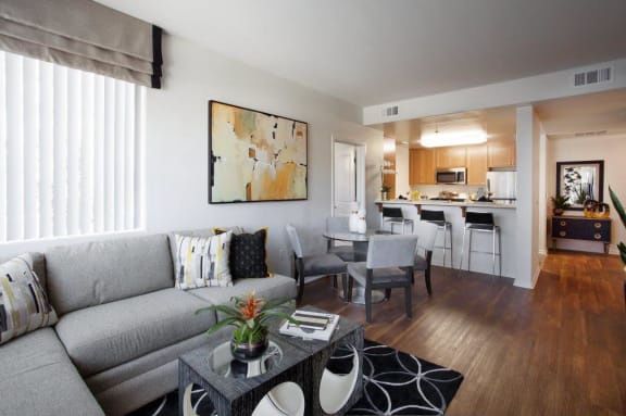 Living Room Come Kitchen View at Hancock Terrace Apartments, California