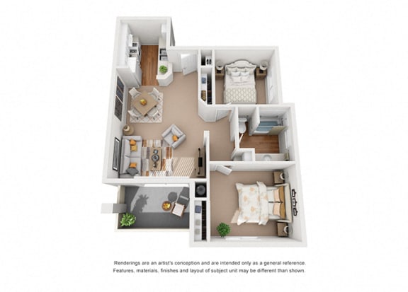 Iris 2 Bedroom 1 Bathroom 3D Floor Plan Layout at Cypress Meadows Senior Apartments, Ventura, CA, 93003