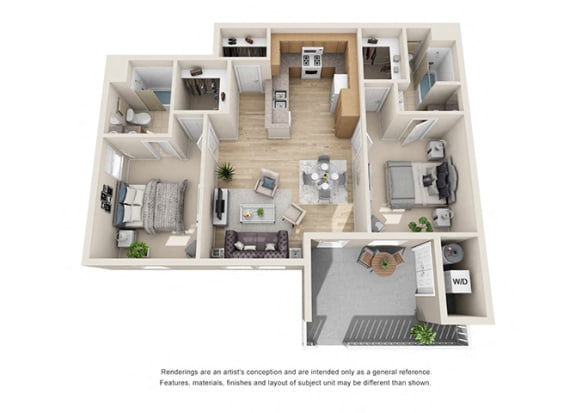 2 bed 2 bath Floorplan F 3D, at Ralston Courtyard Apartments, Ventura California