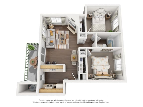 2 Bedroom, 1 Bath, Downstairs Floorplan,at Park Ridge Apartments, Fresno