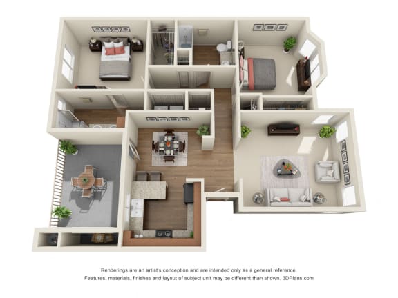 Floor Plan  2 Bedroom 3D Floorplan