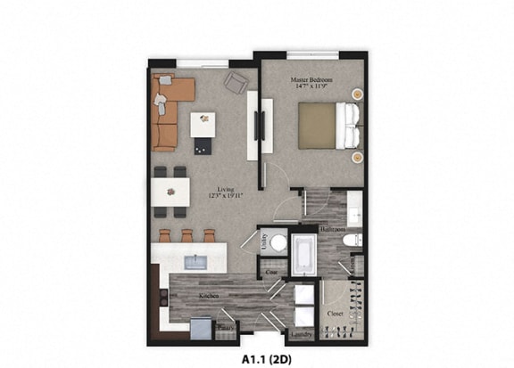 (A1) Spacious 1 Bedroom 1 Bathroom Floor Plan at One Deerfield Apartments, Mason, Ohio