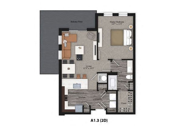 (A1) Beautiful 1 Bedroom 1 Bathroom Floor Plan at One Deerfield Apartments, Ohio
