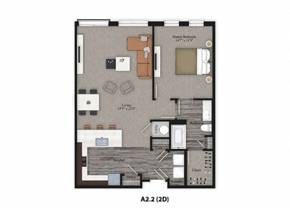 (A2) Spacious 1 Bedroom 1 Bathroom Floor Plan at One Deerfield Apartments, Mason, 45040