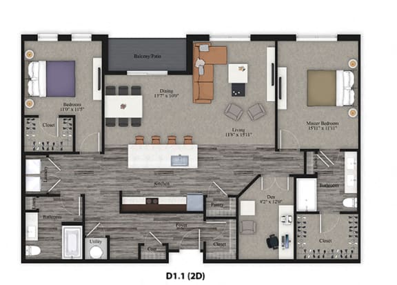 Spacious 2 Bed 2 Bath + Den (D1) Floor Plan at One Deerfield Apartments, Mason, Ohio