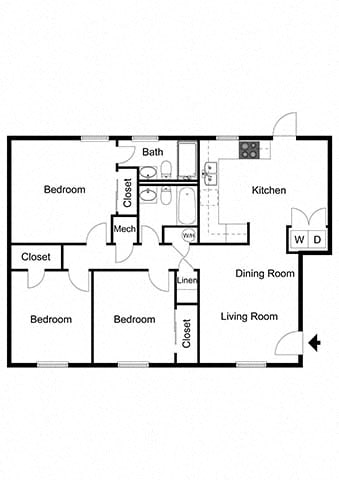 3 bedroom 2 bathroom floor plan C at Artesian East Village, Atlanta, GA