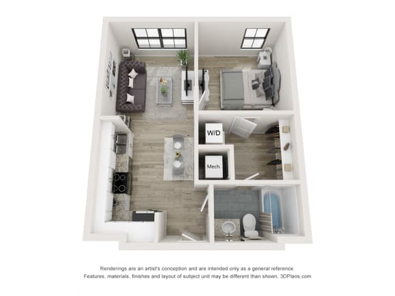 Floor plan of The Grace 1 bedroom apartment  at Circ Apartments, Richmond, VA