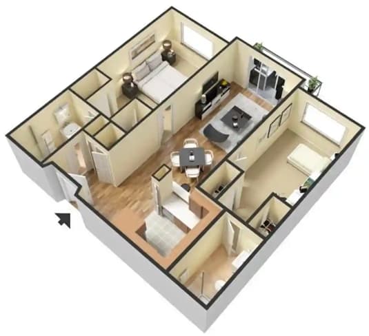 Two Bedroom Two Bath D – 2 Bedroom 2 Bath Floor Plan Layout – 860 Square Feet