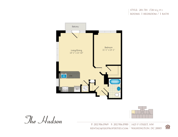 The Hudson 01 Floor Plan at The Hudson Apartments, Washington, DC, 20005