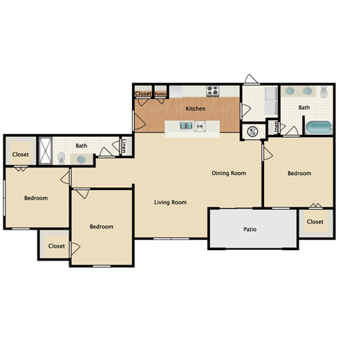 3 bed 2 bath floor plan at Prairie Creek Apartments & Townhomes, Kansas, 66219