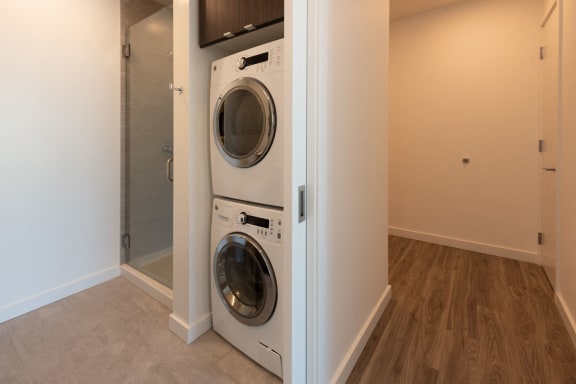 Washer and Dryer in Guest Bathroom at 10 Clay Apartments in Seattle, Washington