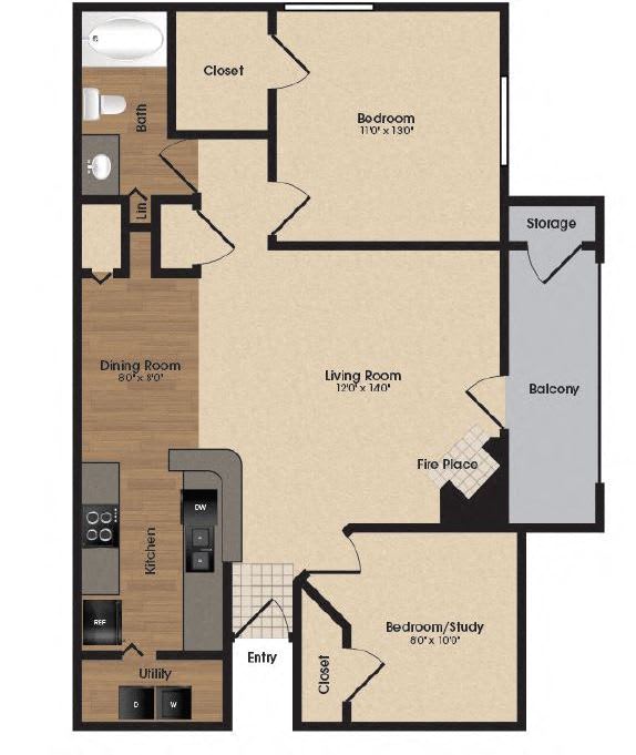 Floor Plan  2 Bedroom 1 Bathroom Oak Floor Plan at Park Laureate  Apartments in Jeffersontown, Louisville, KY 40220
