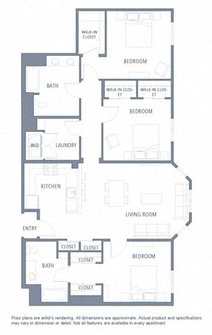 3 bedroom floor plan | Aventine Apartments Hercules CA