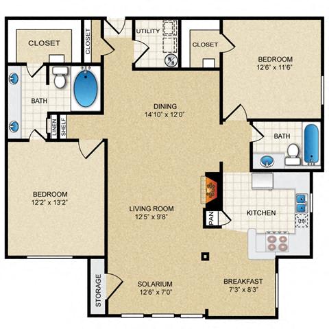 2 bedroom, 2 bathroom with solarium at The Clairborne Apartment Homes Texas , 75050