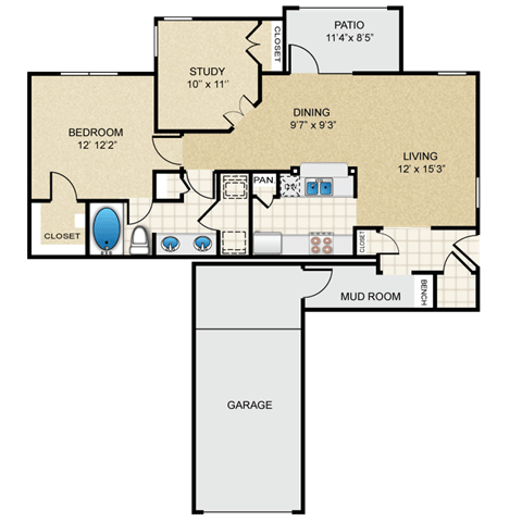 1 bedroom, 1 bathroom, study