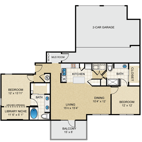 2 bedroom, 2 bathroom