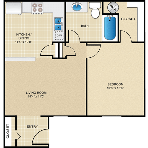 1 bedroom, 1 bathroom at Deerfield Apartments, Olathe, Kansas, 66062